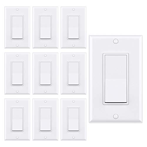 WEBANG Single-Pole Decorator Rocker Light Switch, 3 Wire, Grounding Screw, Residential Grade, 15A 120V, UL Listed, White, 10 Pack