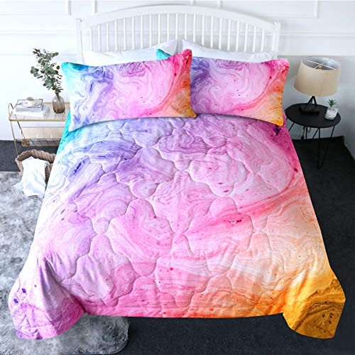BlessLiving 3 Piece Pink Comforter Set with Pillow Shams Marble Bedding Set with 3D Printed Designs Reversible Comforter Twin Size Soft Comfortable Machine Washable Girls Abstract Pastel Pink Purple