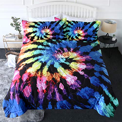 Book Cover BlessLiving 3 Piece Tie Dye Comforter Set with Pillow Shams Boys Trippy Bedding Hippie Psychedelic Gypsy Reversible Comforter Twin Size Bed Sets Soft Comfortable Machine Washable, Black Blue Purple