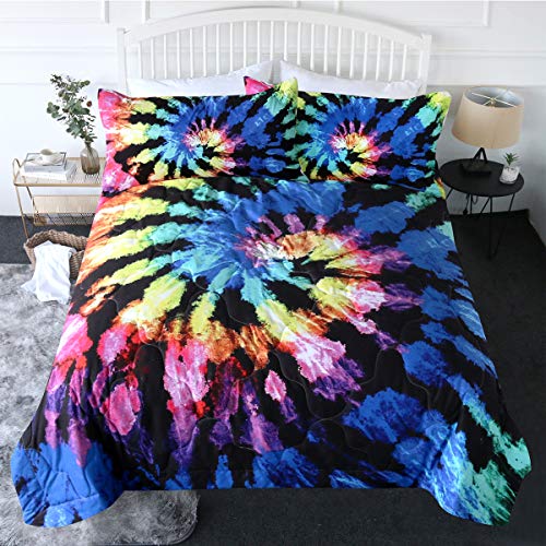 BlessLiving 3 Piece Tie Dye Comforter Set with Pillow Shams Boys Trippy Bedding Hippie Psychedelic Gypsy Reversible Comforter Twin Size Bed Sets Soft Comfortable Machine Washable, Black Blue Purple