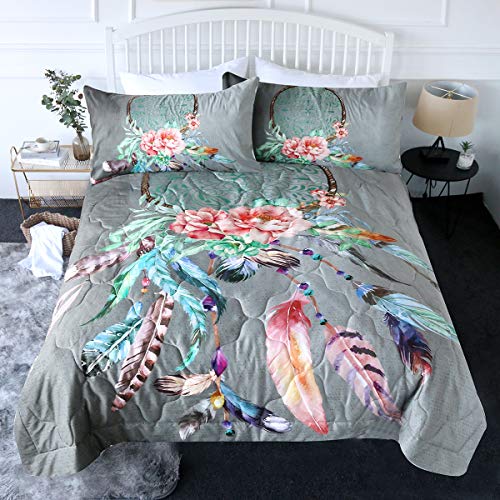Book Cover BlessLiving 3 Piece Boho Comforter Set with Pillow Shams â€“ Big Dream Catcher Rose Bedding Set Gray 3D Printed Reversible Comforter Twin Size Quilt Sets â€“ Soft and Comfortable Machine Washable, Grey