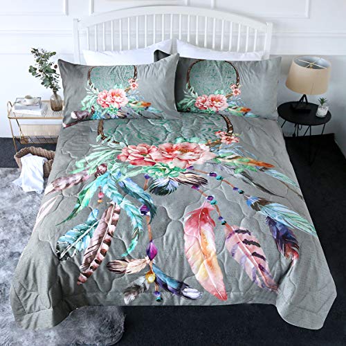 BlessLiving 3 Piece Boho Comforter Set with Pillow Shams â€“ Big Dream Catcher Rose Bedding Set Gray 3D Printed Reversible Comforter Twin Size Quilt Sets â€“ Soft and Comfortable Machine Washable, Grey