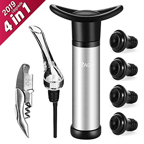 RAGU 4-in-1 Vacuum Wine Stoppers Set with Wine Saver Pump, Wine Opener, Wine Aerator and 4 Beverage Air Bottle Stoppers