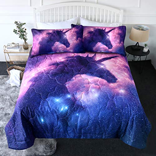 BlessLiving 3 Piece Galaxy Unicorn Comforter Set with Pillow Shams Space Bedding Set 3D Designs Reversible Comforter Twin Size Bedding Sets Soft Comfortable Machine Washable, Purple Blue and Pink