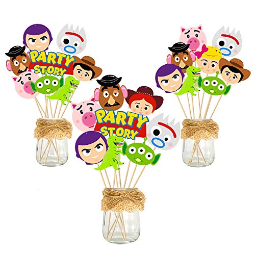 Book Cover Ticiaga Toy 4 Party Favors, 30pcs Toy 4th Party Centerpiece Sticks Table Toppers for Birthday Party Decoration, Double Sided Party Photo Booth Props Mix of Fork, Woody, Buzz Lightyear Cake topper