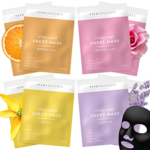 Face Mask for Korean Skincare - Sheet Mask for Moisturizing and Brightening Skin | Dermatologist Tested Charcoal Face Mask with Collagen & Hyaluronic Acid for Soft Skin, 8 Pack