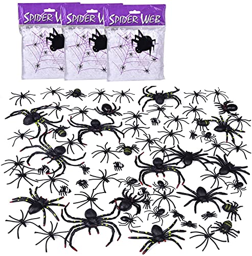 FUN LITTLE TOYS 69PCS Scary Plastic Fake Black Spiders Bulk with 3Pack Spider Web Halloween Decoration Outdoor, Reusable Realistic Netting Cobwebs for Indoor Wall Window Ceiling Desk Curtains Decor