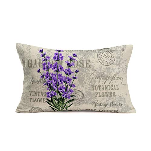 Book Cover Fukeen Vintage Flower Lavender Throw Pillow Covers Decorative French Country Stamp with Violet Bouquet Pillow Cases Cotton Linen Burlap Lumbar Cushion Cover Rectangle 12x20 Inches, Grey Purple
