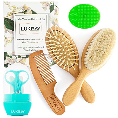 Toddler Hair Brush Comb Set-Complete Kit Baby Products Wooden Soft Bristle Brush Wooden Comb Baby Cradle Cap Silicone Brush Bath Boy Girl Grooming Kit Ideal for Newborn Babies Infant Baby Shower Kids