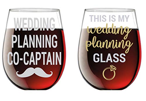 CBTwear This is My Wedding Planning Glass/Planning Co-Captain - Funny 15oz Crystal Wine Glass - Stemless Wine Glass Couples Sets - Perfect idea for Bridal and Engagement Gifts
