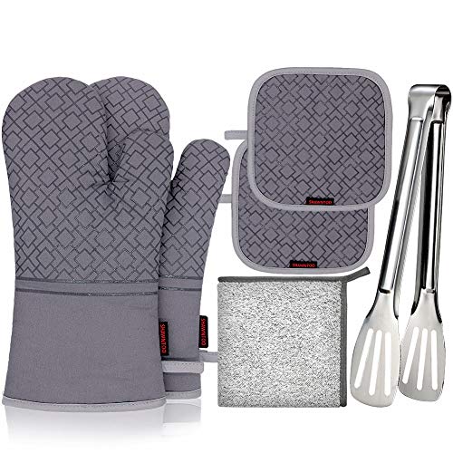 Shawntoo Pot Holders and Oven Mitts 4pcs Set, 500 Degree Heat Resistant Soft Lining with Non-Slip Surface Oven Gloves 1 Pair and 2pcs Hot Pads, Perfect for Kitchen Baking BBQ Grilling (Grey)