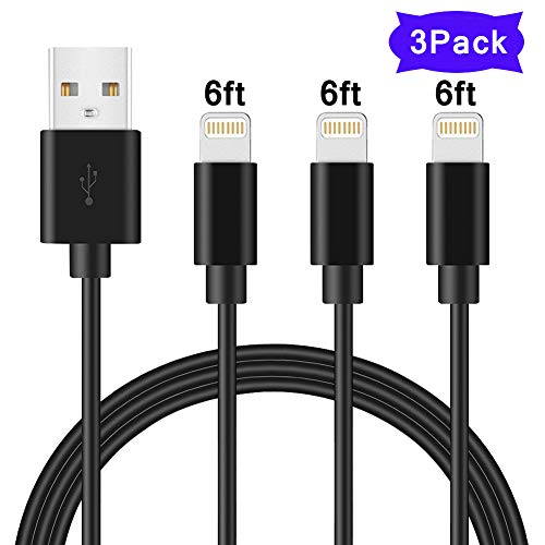 iPhone Charger Cable Lightning Cable MFI Certified iPhone Cable Durable Lightning Charging Cable 3 Pack 6FT Fast USB Charger Cord Compatible iPhone XS/Max/XR/X/8P/8/7P/7/6S/iPad/iPod/IOS (PVC Black)