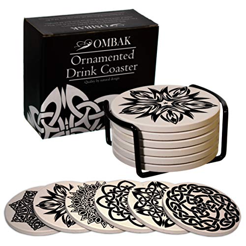 Coaster for Drinks by OMBAK, Extra Large and Absorbent, Ornamented with 6 Timeless Unique Celtic Knots to Accent Any Decor, Set of 6 with Holder for Living Room Kitchen Or Office