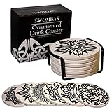 Coaster for Drinks by OMBAK, Extra Large and Absorbent, Ornamented with 6 Timeless Unique Celtic Knots to Accent Any Decor, Set of 6 with Holder for Living Room Kitchen Or Office