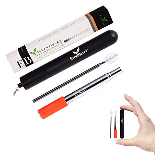 Collapsible Telescopic Stainless Steel Straw - Reusable Metal Straw with Case, Keyring, Cleaning Brush and Silicon Tip in a Giftable Box - Black Case