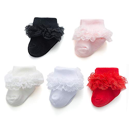 EPEIUS 5 Pairs Baby-Girls Eyelet Turn Cuff Ruffle Frilly Lace Socks Newborn Triple Lace Dressy Socks Gift Box White/Cream/Baby Pink/Black/Red 0-6 Months