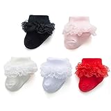 EPEIUS 5 Pairs Baby-Girls Eyelet Turn Cuff Ruffle Frilly Lace Socks Newborn Triple Lace Dressy Socks Gift Box White/Cream/Baby Pink/Black/Red 0-6 Months