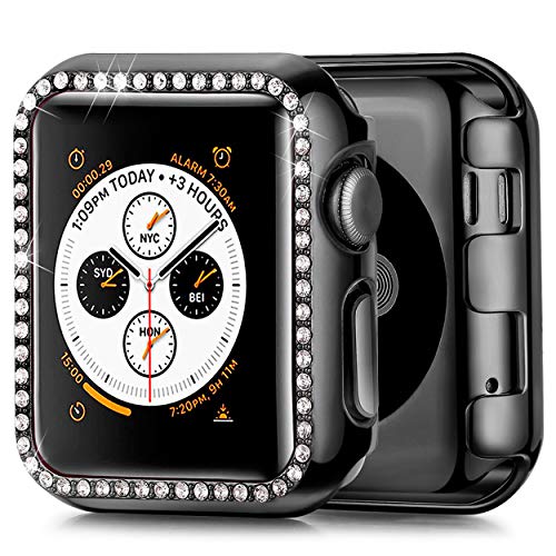 JuQBanke Compatible with Apple Watch Case 40mm, TPU Bumper Protective Cover Women Girl Bling Shiny Crystal Rhinestone Diamond Screen Protector Compatible for iWatch Series 4(Black,40mm)