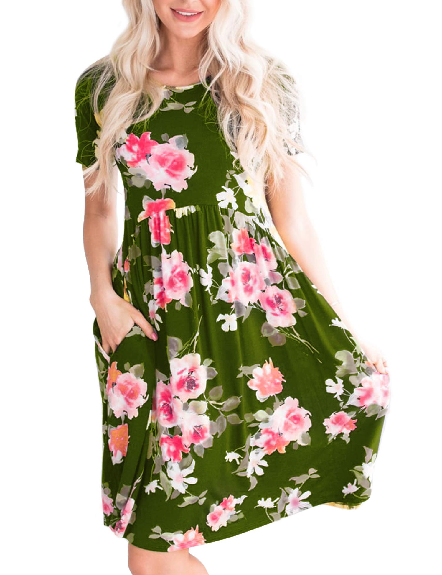 MIJIRUSHI Women Short Sleeve Round Neck Floral Pockets Summer Casual Fit and Flare Midi Dress