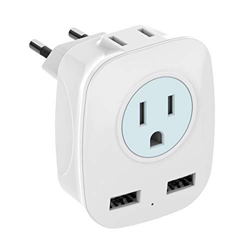 European Travel Plug Adapter, HITRENDS International Power Plug Adapter with 2 USB Ports and 2 Outlets, 4 in 1 Outlet Adapter for USA to Most of Europe EU Spain Iceland Italy (Type C)