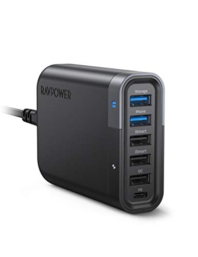 Book Cover RAVPower USB C Wall Charger 60W 6 Port with Quick Charge 3.0, Backup Function and iSmart Multiple Port, 24W Power Delivery Desktop USB Charging Station Filehub for Phone and Tablet