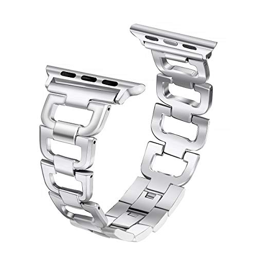 Secbolt Bling Bands Compatible with Apple Watch Band 38mm 40mm 41mm iWatch SE Series 9 8 7 6 5 4 3 2 1 Women Dressy Jewelry D-link Stainless Steel Wristband Strap, Slim Silver
