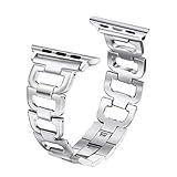 Secbolt Bling Bands Compatible with Apple Watch Band 38mm 40mm 41mm iWatch SE Series 9 8 7 6 5 4 3 2 1 Women Dressy Jewelry D-link Stainless Steel Wristband Strap, Slim Silver