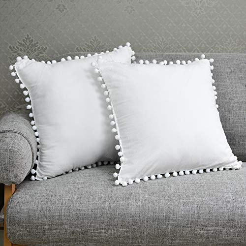 Softta Vintage 18 x 18 Inch White Boho 100% Washed Cotton Throw Pillow Covers Pack of 2 Ethnic Bohemian Pompom Tassel Trimmed Ruffle Decorative Throw Pillows White