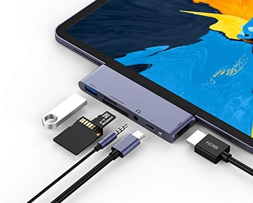 RAYROW USB C Hub for iPad Pro 2018 2020 iPad Air 4, 6 in 1 USB C ipad Adapter with USB 3.0, SD/TF Card Reader, 3.5mm Headphone Jack, PD Charging, 4K HDMI iPad Pro 11"/12.9" & MacBook Pro