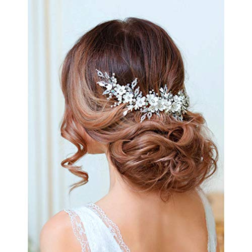 Catery Flower Bride Wedding Headband Silver Crystal Pearl Rhinestone Hair Vine Braid Babys Breath Headpieces Bridal Hair Accessories for Women