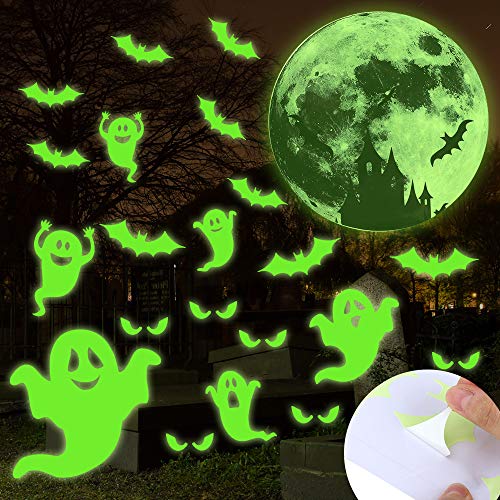 Outkitkit 56 Pcs Halloween Luminous Wall Stickers Set, Removable Glow in The Dark Wall Decals,Luminous Ghosts Bats Peeping Eyes Halloween Decor for Kids Room