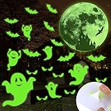 Outkitkit 56 Pcs Halloween Luminous Wall Stickers Set, Removable Glow in The Dark Wall Decals,Luminous Ghosts Bats Peeping Eyes Halloween Decor for Kids Room