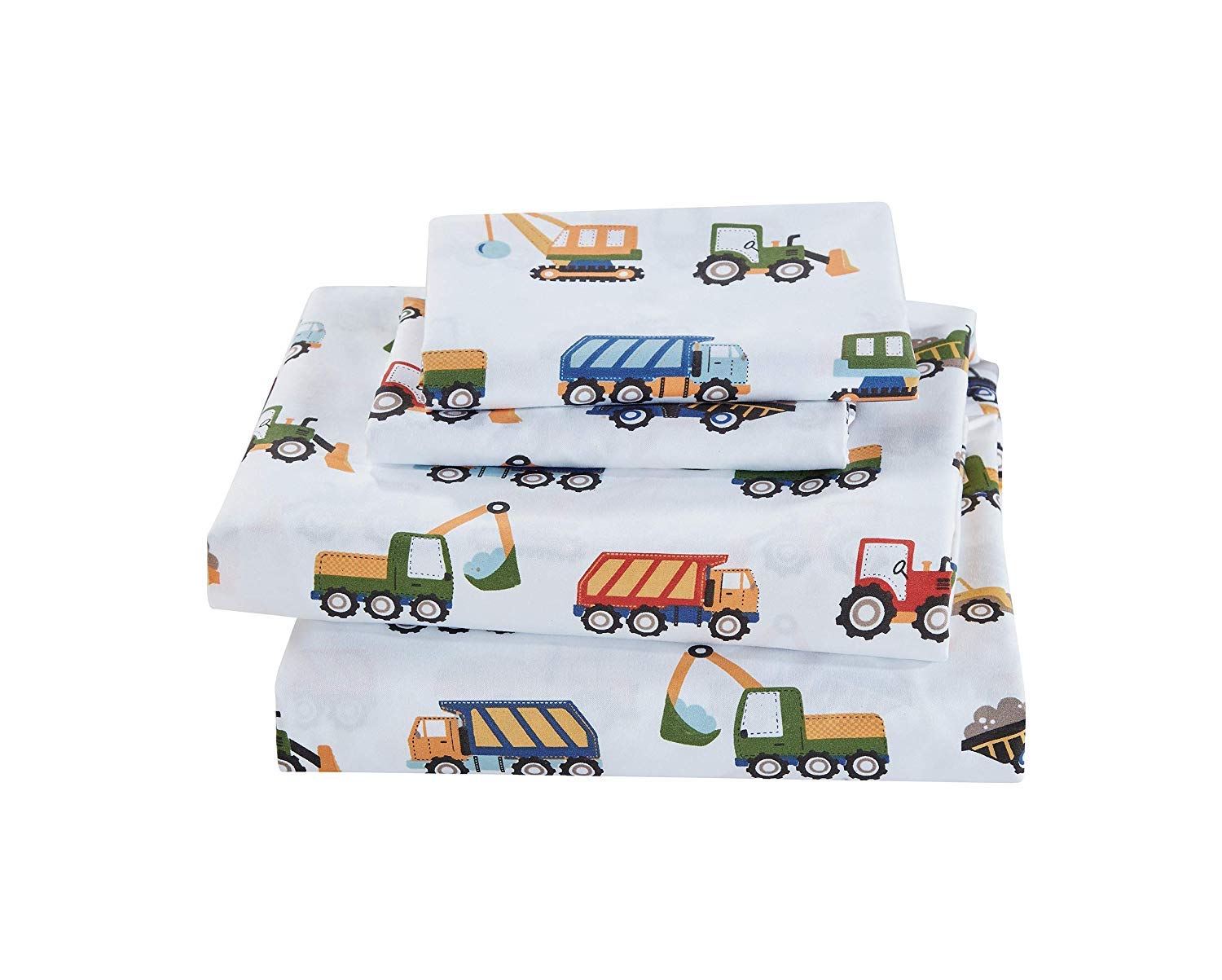 Elegant Homes Construction Site Equipment Trucks Tractors Cranes Excavators Design 3 Piece Printed Sheet Set with Pillowcases Flat Fitted Sheet for Boys/Kids # Construction Trucks (Twin Size) Twin White