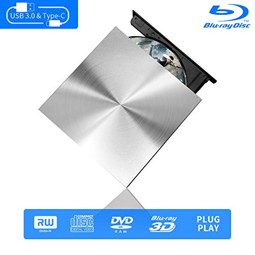 Book Cover Blu Ray External 3D Drive Reader, Cloudtale USB C 3.0 and Type-C External Drive Bluray Optical CD DVD Drive for MacBook Windows Laptop Desktop PC Laptop