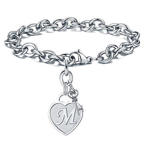 Charm Bracelets for Women Initials Gifts - Engraved Letter M Initial Bracelet Silver Stainless Steel Handmade Heart Letters Monogram Bracelet Adjustable Birthday Jewelry Gifts for Women Teen Girls