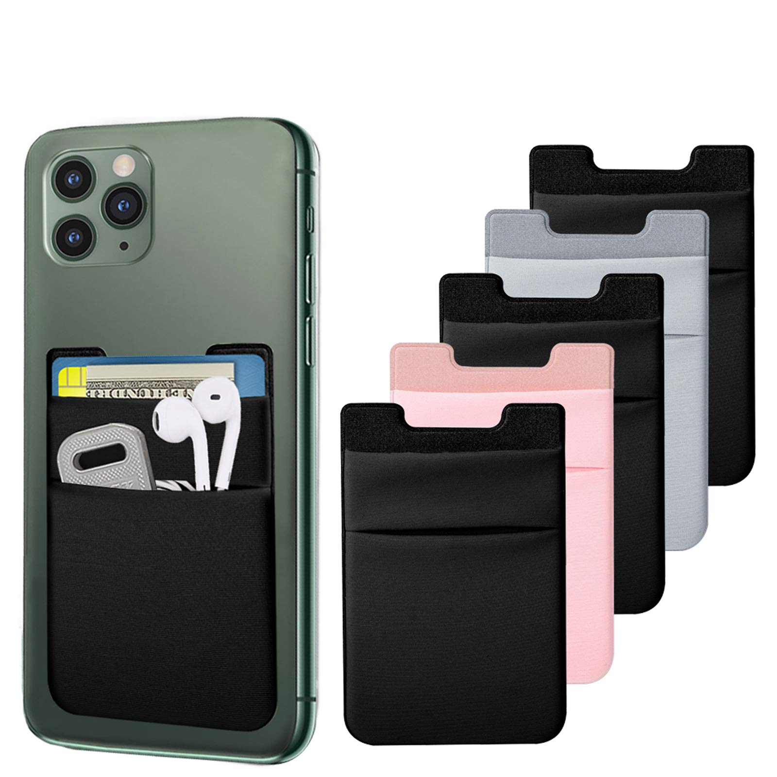 SHANSHUI Card Holder for Back of Phone, 5 PCS Double Cloth Slim Stretchy Phone Pocket Pouch Stick on ID Credit Card Wallet Compatible for iPhone 11 Pro Samsung Galaxy S10 and More(Black,Grey,Pink) Pink,Black,Grey,