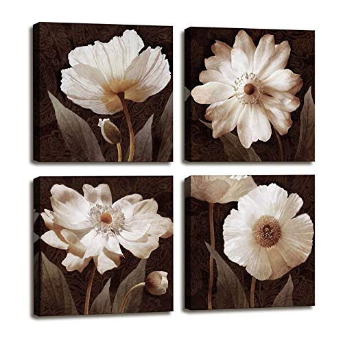 Book Cover Canvas Wall Art Contemporary Simple Life White Flowers Floral Canvas Painting Pictures for Home Bedroom Decor - 4 Panels Framed Artwork Canvas Prints Brown Giclee Poster for Living Room Bathroom Decor