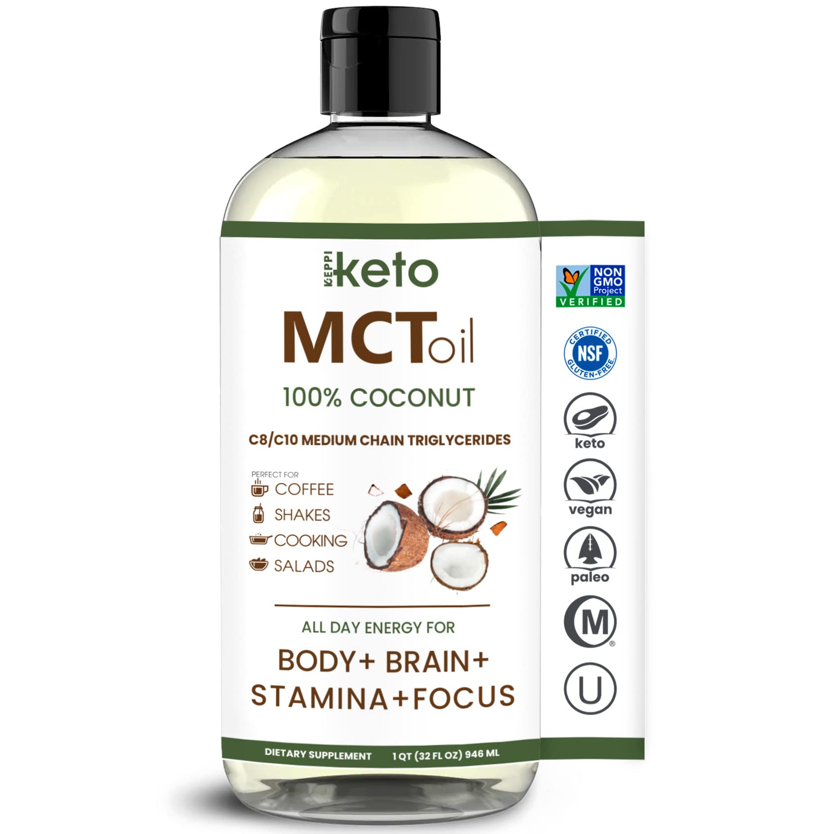 Book Cover Keppi MCT Oil Keto | 32 oz Flavorless 100% Coconut Oil | 60% C8 | Non-GMO, Certified Gluten-Free, MCT Keto Oil | Mixes Easily in Coffee & Smoothies | MCT Wellness | No Palm Oil | Vegan MCT Oil
