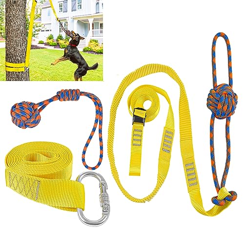 Book Cover XiaZ Dog Hanging Bungee Tug Toy Outdoor Dog Tug of War Toy for Small to Large Dogs, Solo Play Interactive Excercise Spring Pole Rope Toy with 2 Chew Toys