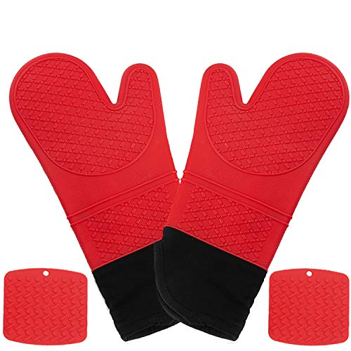 Silicone Oven Mitts | Pot Holders-1 Pair of Extra Long Heat Resistant up to 500 F Cooking Gloves with 2 PotHolders for Kitchen, Cooking, Baking,BBQ (Red)
