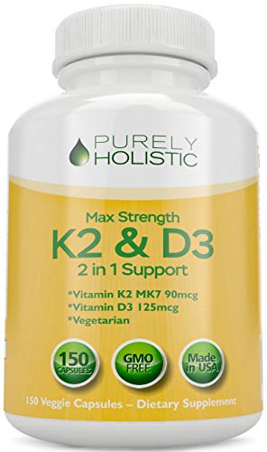Book Cover Vitamin D3 125mcg and Vitamin K2 90mcg MK7 - 4 Month Supply 150 Vegetarian Capsules - Vitamin D3 & K2 - High Strength Cholecalciferol - K2 Menaqunione - Made in The USA