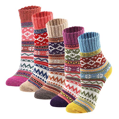 YQHMT 5 Pack Womens Thick Warm Knit Vintage Stripe Comfort Cotton Casual Wool Crew Winter Socks