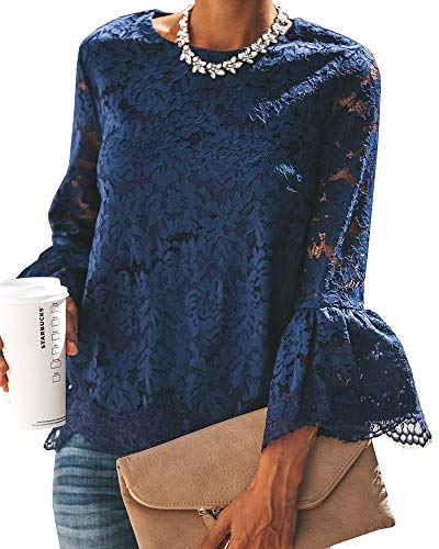 Valphsio Womens 3/4 Bell Sleeve Lace Tops Loose Round Neck Chiffon Blouses Shirt Navy
