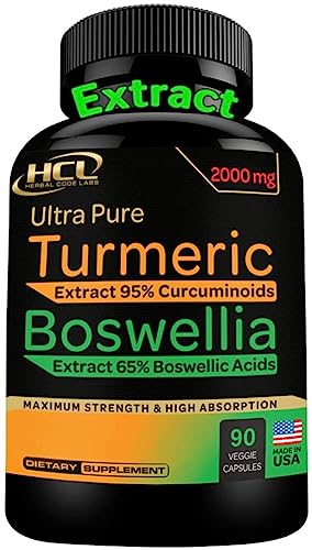 HCL HERBAL CODE LABS Turmeric Boswellia Extract Supplement 2000 mg – Strong Natural Joint Support Pills – Extra Strength Boswellia Serrata with Turmeric Curcumin Powder 90 Capsules