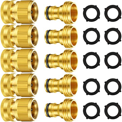 Book Cover 5 Set Garden Hose Quick Connect Fittings Solid Brass Quick Connector 3/4 Inch GHT Garden Water Hose Connectors with Extra Rubber Washers, Male and Female
