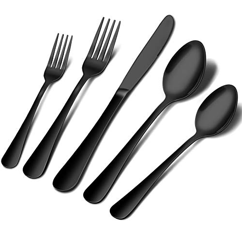 Book Cover Black Silverware Set, Elegant Life 20-Piece Stainless Steel Flatware Cutlery Set, Knife Fork Spoon Flatware, Mirror Finish, Smooth Edge, Service for 4 (Black)
