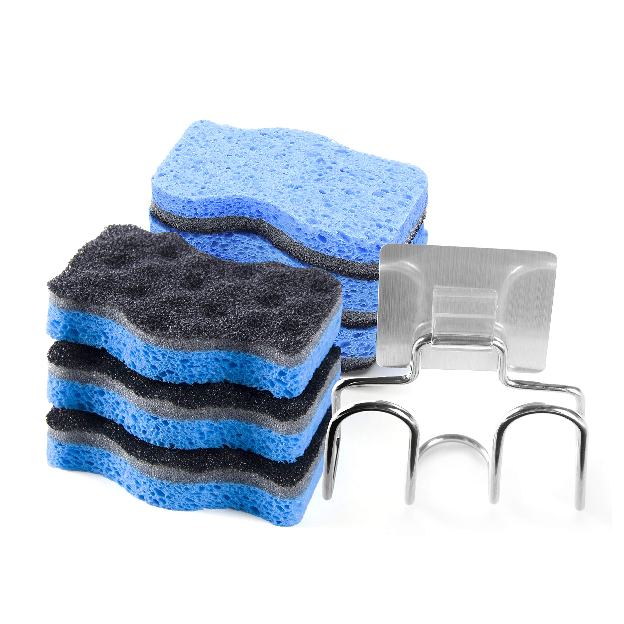 Book Cover SSJL Multi-Use Sponges Kitchen with Adhesive Stainless Steel Holder - Natural Kitchen Sponges Dish Sponge Dual-Sided Cellulose Scrubber - Effortless Cleaning Eco Scrub Pads for Dishes (6 Pack)
