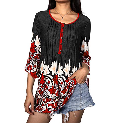 Women Floral Printed Tunic Tops Shirts Ruffle 3/4 Sleeve Pleated Casual Flare Loose Long Blouse