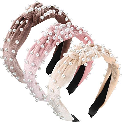 WILLBOND 3 Pieces Pearls Headband Wide Hair Hoop Velvet Pearls Headband Vintage Twisted Headwear for Girl Woman Hair Accessories