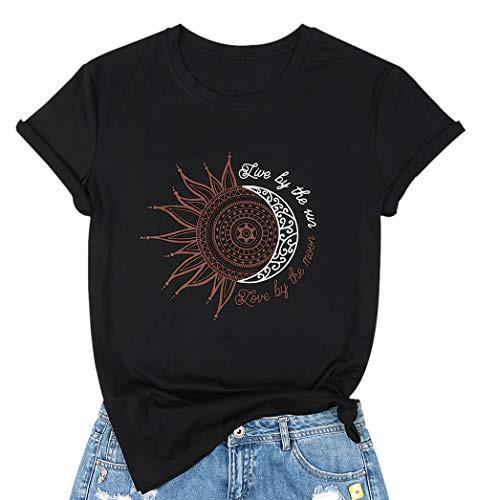 TAOHONG Live by The Sun Love by The Moon Shirt Womens Cute Sun Moon Print Graphic T-Shirts Casual Short Sleeve Tee Tops